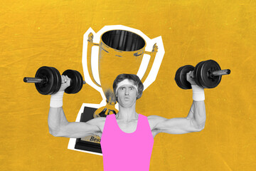 Composite poster creative art collage of serious sportsman hold dumbbell best goblet winner first...
