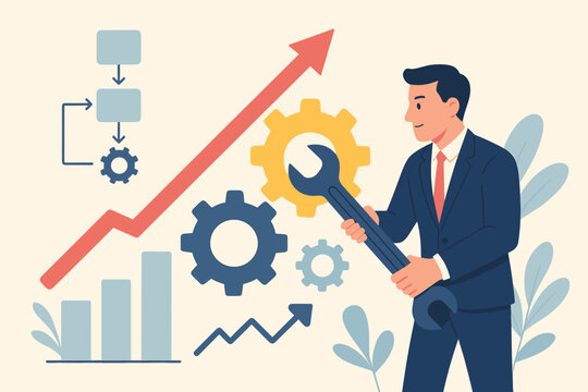 Business Process Optimization for Increased Profit and Growth, Efficiency Improvement, Marketing Adjustment, Workflow Enhancement, Success Strategy, Businessman with Wrench, Gear Mechanism