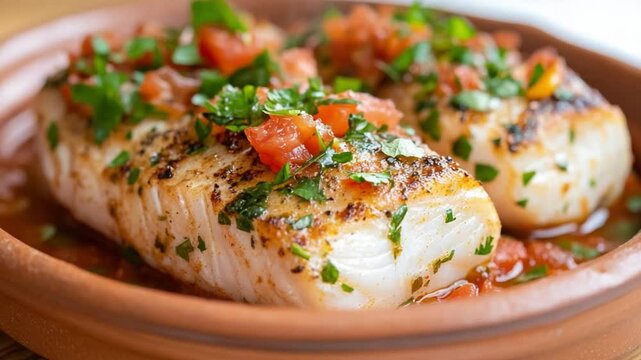 Grilled Halibut with Fresh Salsa: Culinary masterpiece features succulent grilled halibut fillets, adorned with a vibrant salsa of fresh tomatoes, herbs, and a hint of zest.