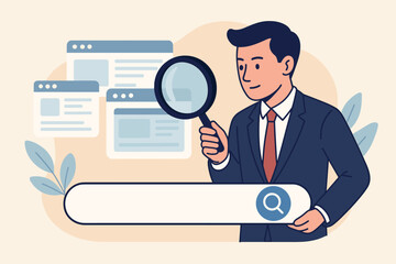 Businessman with Magnifying Glass Conducting Web Search, SEO Research, Discovering Information, Exploring Websites, Online Job Search, Digital Marketing Optimization Concept