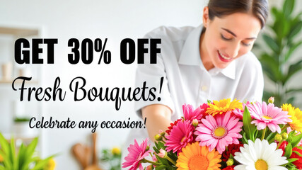 A cheerful florist organizes vibrant fresh flower bouquets in a bright shop.The promotion offers a 30% discount,inviting customers to celebrate any occasion with beautiful arrangements.