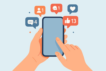 Social media notifications concept. Hands holding smartphone with like, comment, follower, message icons. Digital interaction, online engagement, mobile app communication, internet network