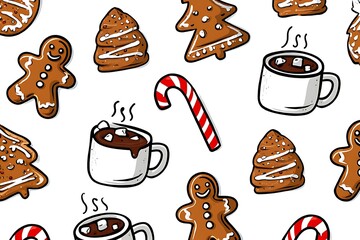 Festive christmas pattern with gingerbread cookies hot chocolate candy cane and decorations