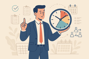 Time management and productivity concept with businessman holding clock, efficient work planning, task delegation, prioritizing responsibilities, scheduling and finishing tasks
