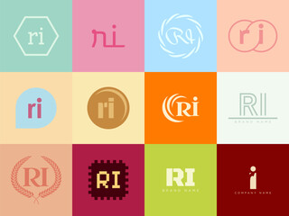 RI logo company template. Letter r and i logotype. Set different classic serif lettering and modern bold text with design elements. Initial font typography.