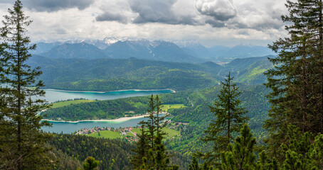 Herzogstand view to the Walchensee lake with a view though the forest trees
