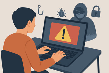 Cybersecurity threat warning on laptop screen. Hacker attack, phishing, malware, data breach, cyber crime, computer security risk, online fraud alert, digital safety concept.