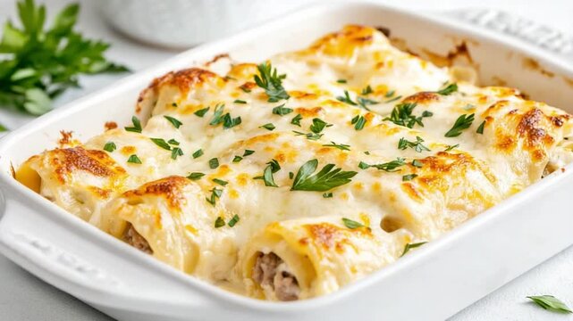 Stuffed Shells in Creamy Sauce: A delectable dish of jumbo pasta shells, generously stuffed with a savory meat filling, then bathed in a rich and creamy cheese sauce.