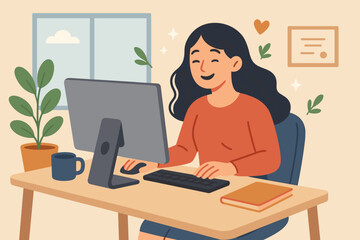 Happy businesswoman working at computer desk in modern office, employee wellbeing, job satisfaction, work happiness, passion, enjoying workplace, productivity, healthy workspace