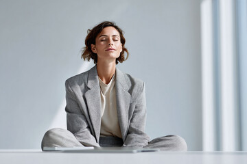 Serene woman meditating in business attire. A concept of calm, focus, and wellbeing in the workplace. Ideal for illustrating mindfulness, stress reduction, or worklife balance.