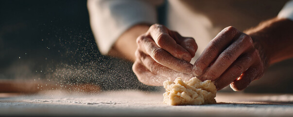 Hands work dough on a floured surface, dust suspended in light. Captures artistry and traditional skills. Food, baking, preparation concepts. Cookbook, ads, culinary.