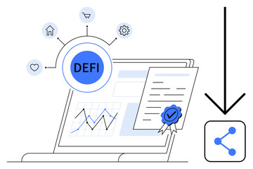 Laptop displaying DeFi platform, data charts, certification badge, and digital network sharing. Ideal for blockchain, cryptocurrency, fintech, security, investment data simple landing page