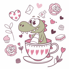 Delightful Excited Crocodile in a Valentine scene with in a teacup – Valentine Blush vector illustration
