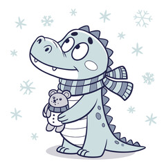 Frosty Winter colored Crocodile with a Curious touch, placed in a Cozy winter theme and styled with with a stuffed animal