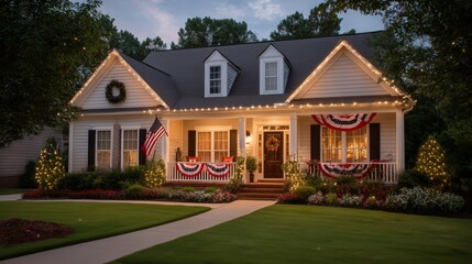 Decorated suburban house with festive lights and patriotic accents during twilight in a peaceful neighborhood