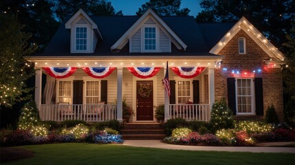 Beautifully decorated suburban house with festive lights and patriotic colors in the evening glow