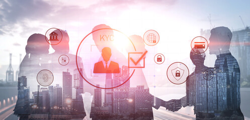 Digital KYC verification with biometric scan, ID authentication, and financial security icons...
