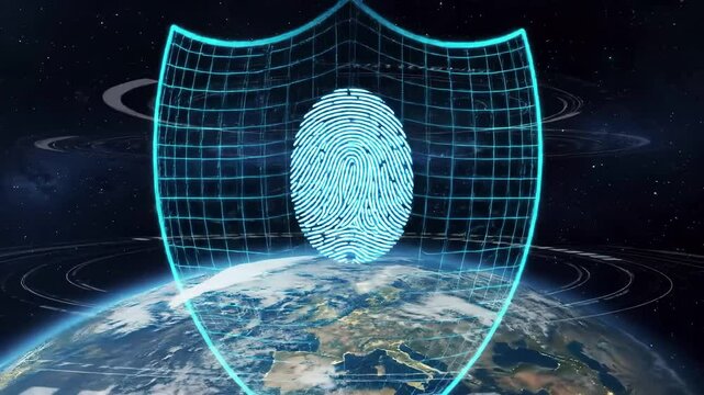 Global cybersecurity shield with fingerprint biometric authentication. Digital protection concept featuring earth planet, holographic security interface, identity verification technology, privacy - Powered by Adobe