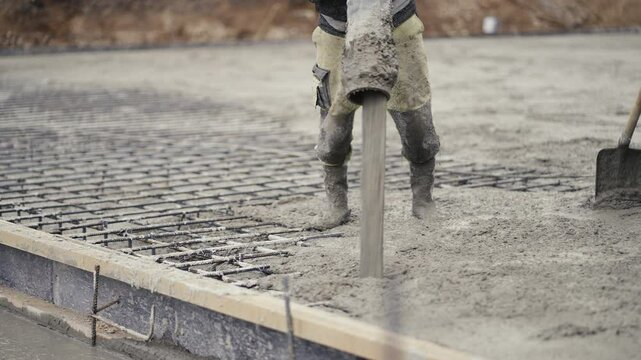 Worker skillfully utilizing a vibratory screed to expertly pour and perfectly level wet concrete at a construction site