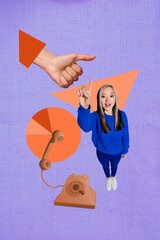 Collage of joyful person next to vintage rotary telephone retro communication device concept