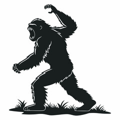 Fototapeta premium Aggressive bigfoot silhouette roaring with arm raised in defense walking in the woods