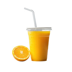 Refreshing orange juice in a transparent plastic cup with a straw and orange slice isolated on transparent background