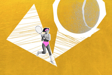 Sketch image sketch 3d collage poster of happy sportswoman run tennis ball hold racket tournament...