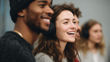 Diverse group enjoying entertainment, heads in a row. Could be music, podcast, or learning audio. Represents connection, joy, and shared experience.