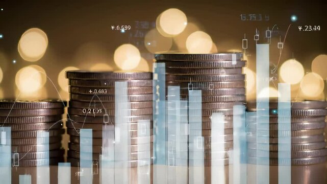 Financial investment growth concept with stacked coins and digital chart analytics. Money, banking, trading market visualization with golden bokeh background for wealth and profit analysis.