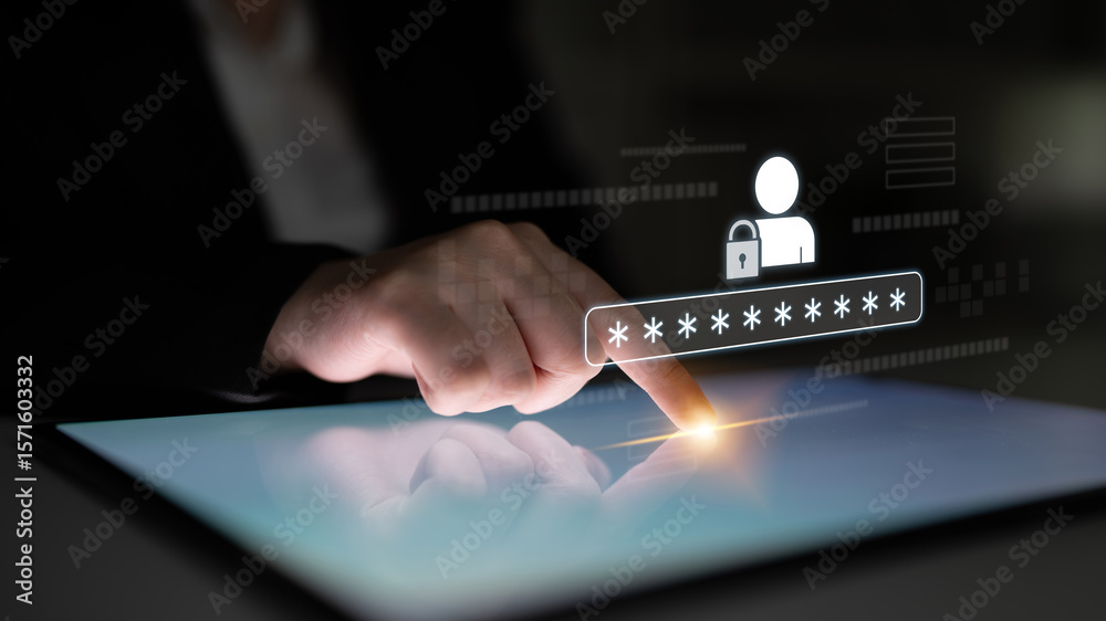 Poster user authentication and password protection concept showing secure login, privacy safeguard, data pr