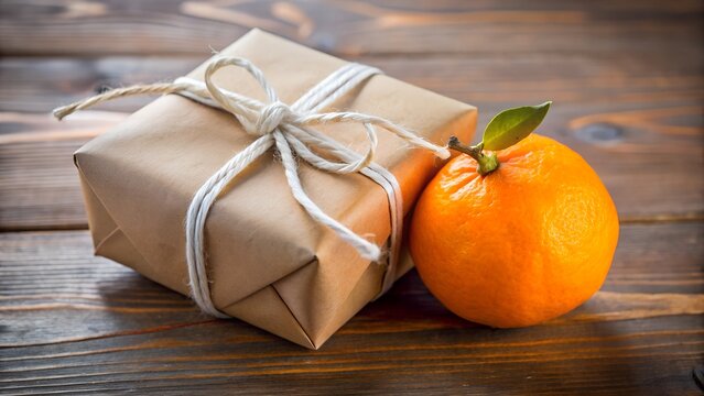 Gift box wrapped in brown paper with string and an orange fruit