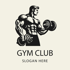 Fototapeta premium Black and white flat vector logo of a muscular man training with dumbbells. Ideal for gym logos, personal trainers, fitness apparel, and strength workout concepts.