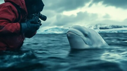 Cold encounter  Beluga and videographer