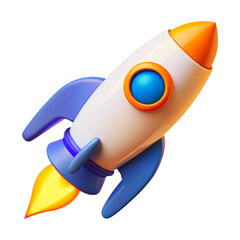 Cartoon rocket ship launching with fiery exhaust and blue fins