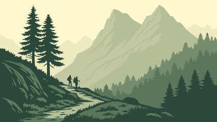 Two hikers walking on a trail through a mountainous landscape with pine trees and a hazy sky background