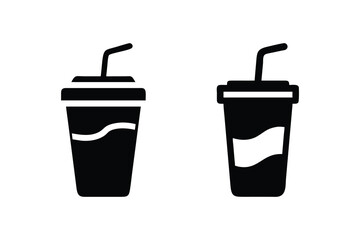 Two Simple Black and White Soda Cup Icons with Straws: Minimalist, Clean Design, Perfect for Branding, Menus, or Fast Food Restaurant Websites and Mobile Applications.