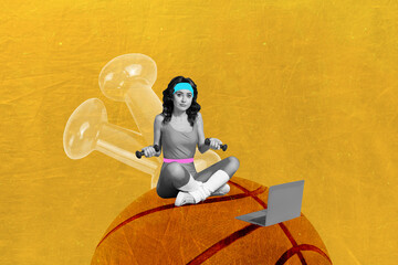Composite creative art collage of happy sport girl do sport video laptop marathon sit basketball...