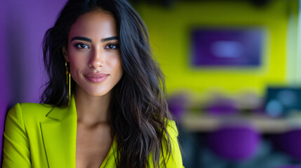 casual leadership energy with bold modern colors, confident businesswoman mid-laugh during creative meeting, vibrant south asian entrepreneur in a lively office moment