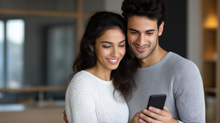 "Excited Middle Eastern Couple Unpacking with Phone in New Home"