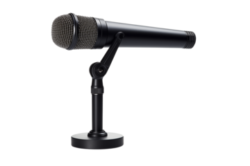 Black microphone stands ready for recording vocals in a studio setting.