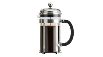 Obraz premium Freshly brewed coffee fills a glass French press carafe against a stark black backdrop showcasing its rich, dark roast and silver accents.
