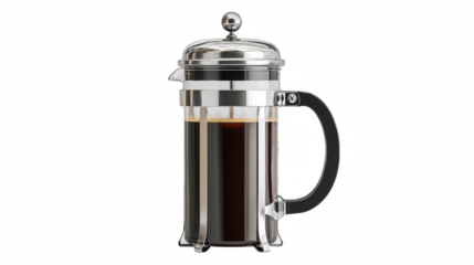 Freshly brewed coffee fills a glass French press carafe against a stark black backdrop showcasing its rich, dark roast and silver accents.