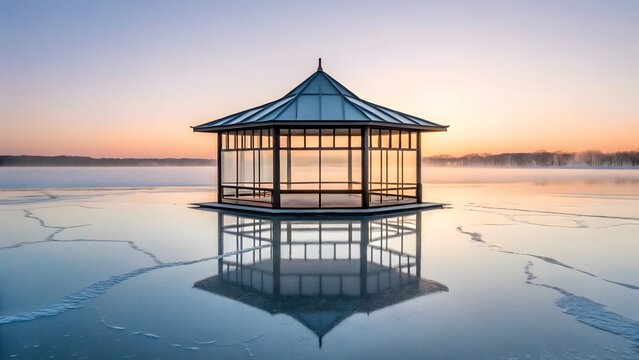 Serene Gazebo on Frozen Lake at Sunrise A Winter Wonderland - Powered by Adobe