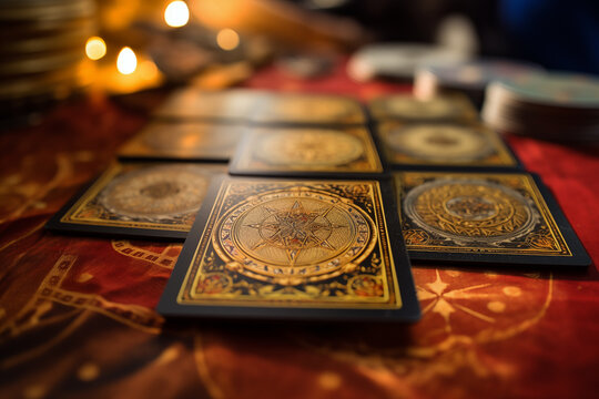 Close-up of ornate tarot cards with gold detailing laid out on a red patterned cloth in soft ambient light