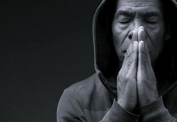 man praying to god with hands together Caribbean man praying with black background with people stock photo stock image