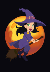 Halloween witch flying on broom in front of full moon, cartoon clipart illustration on black background, editable layers