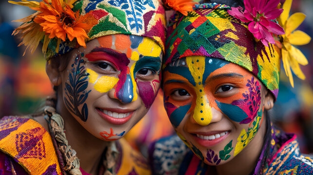 Kadayawan Festival, a local artist paints faces with traditional paint on the faces of parade participants, their faces are decorated with vivid colorful designs,&nbsp;