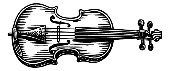 Illustration of violin instrument, black and white vintage engrave drawing art