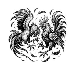 Fototapeta premium Illustration of Two Roosters Fighting Aggressively with Feathers Floating in a Black and White Style