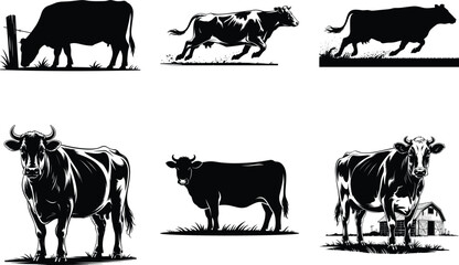 Cow Silhouette Bundle, Dairy Cow Vector Art isolated on a White Background. Jumping Cow SVG graphic illustration.